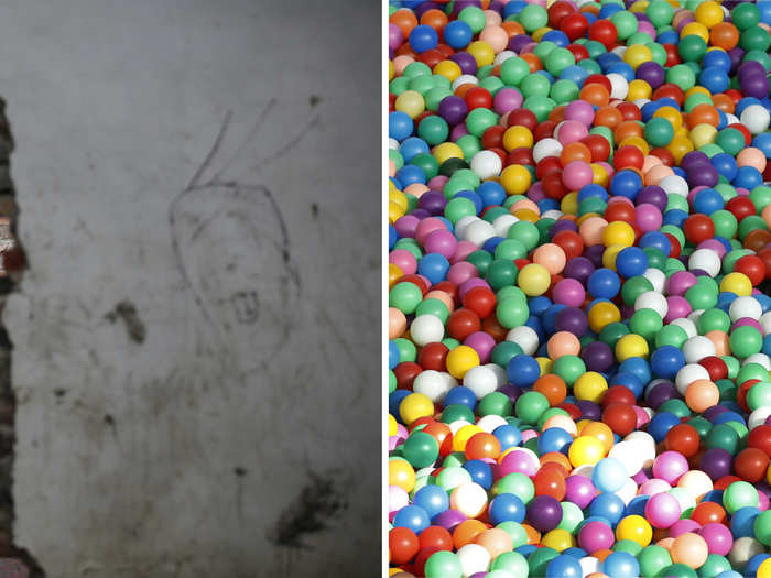 (L) A boy stands in his house at a residential area for migrant workers and (R) A child plays in a ball pit at an indoor playground for children at a wealthy district in Beijing.