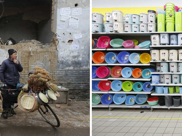 (L) A vendor sells wooden baskets and brooms at a half demolished old residential area where new skyscrapers will be built and (R) A man stands in a supermarket near a newly built residential complex also in Beijing.