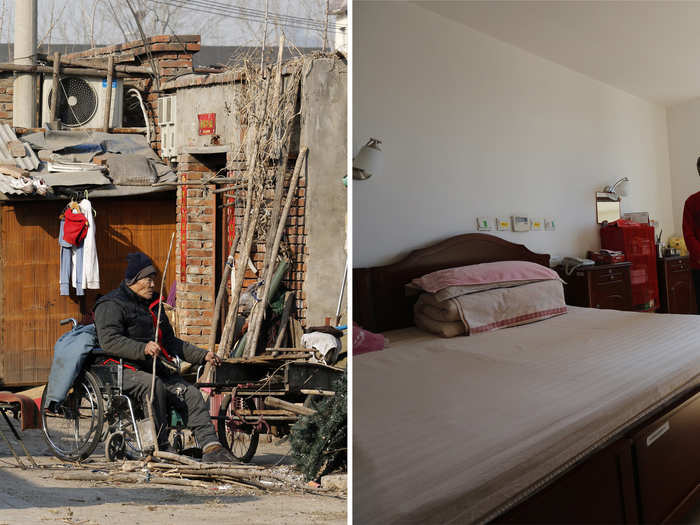 (L) A man sits on a wheelchair in front of his house at a residential area for migrant workers in Beijing and (R) A resident of the Beijing First Social Welfare Institution affiliated nursery home poses at her bedroom in the nursery home.