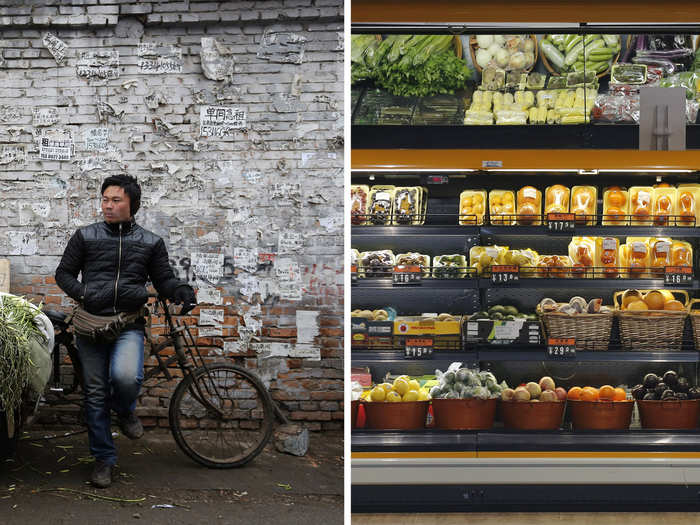 (L) A street vendor sells stems of garlic and (R) A clerk arranges vegetables in a fridge at a super market at a wealthy district in Beijing.