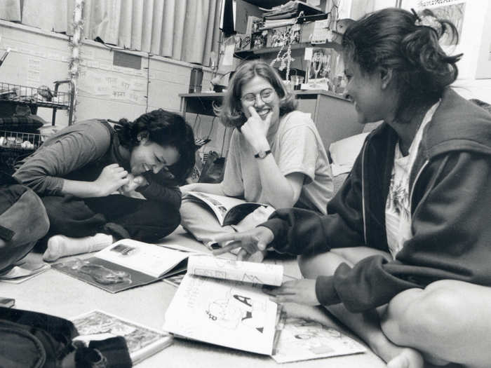 Students gathered to study in a residence hall den, as seen in this 1996 picture.