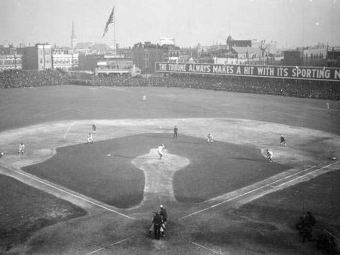 A huge Chicago Tribune ad in right field in West Side Park