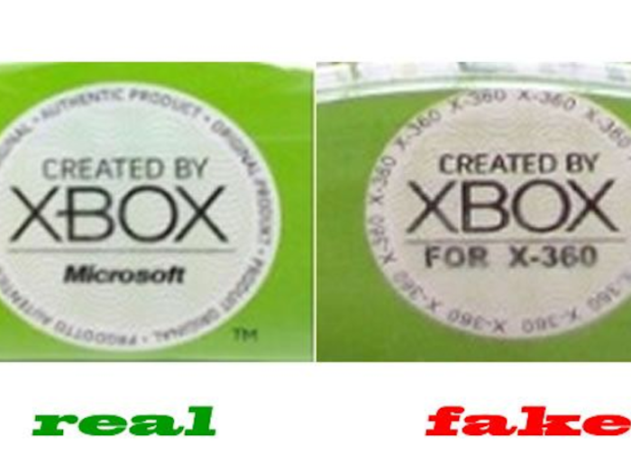 The logo on the fake says "for X-360" instead of Microsoft. The fonts look different. And the box has a spelling error: A warning on misspells "Before" as "Bafore."