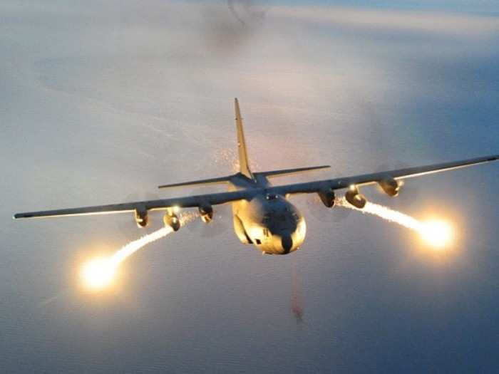 The C-130 fires chaff, which is used to confuse enemy missiles.