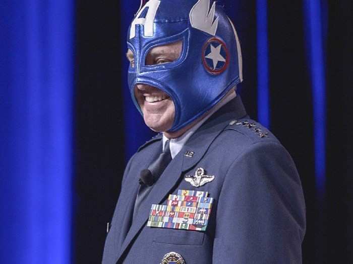 Finally our favorite, Air Force Chief of Staff Mark A.Welsh III sporting a Captain America mask during the first part of a brief.