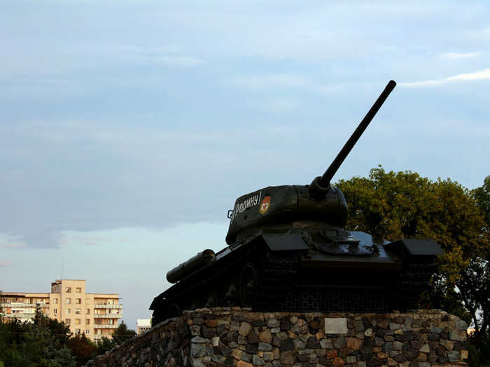 One of numerous decommissioned tanks that now decorate the streets of Tiraspol.