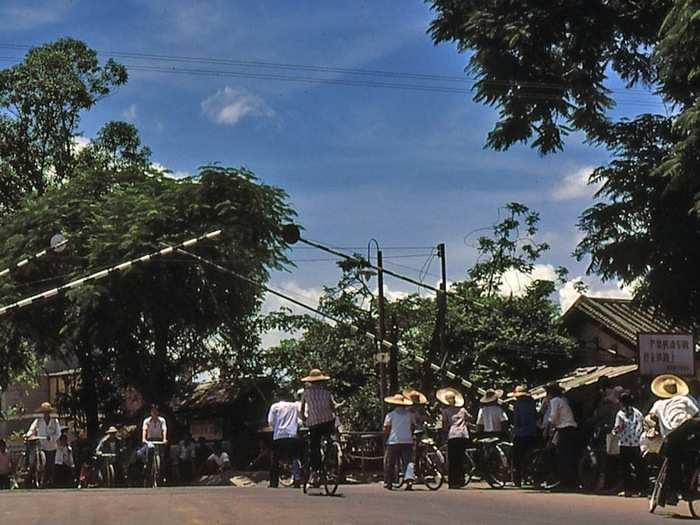 Railway crossing. Not a motor vehicle in sight.