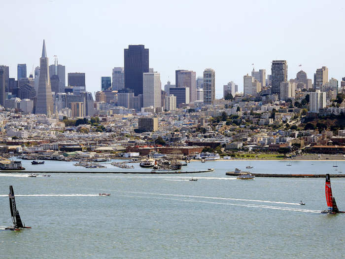 The teams practice in front of the San Francisco skyline.