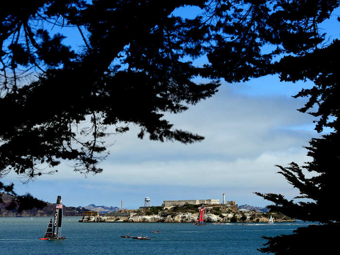 The view from land as the teams practice in front of Alcatraz Island before Race 6.