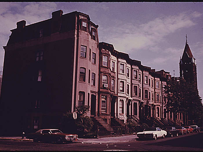 Block of brownstone residences in Park Slope, Brooklyn.