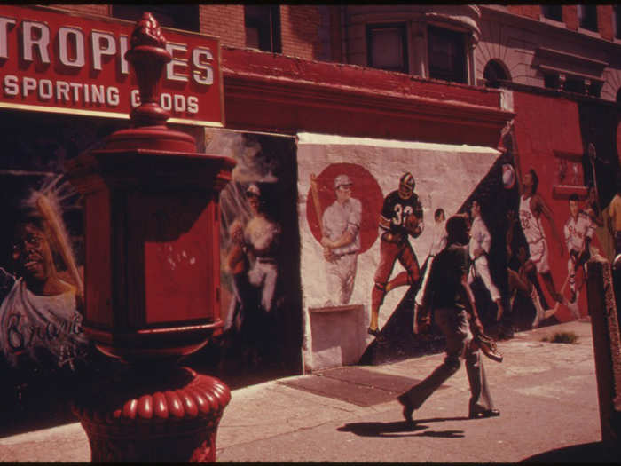 Black sports heroes are the motifs in the wall paintings on Nostrand Ave., Brooklyn.