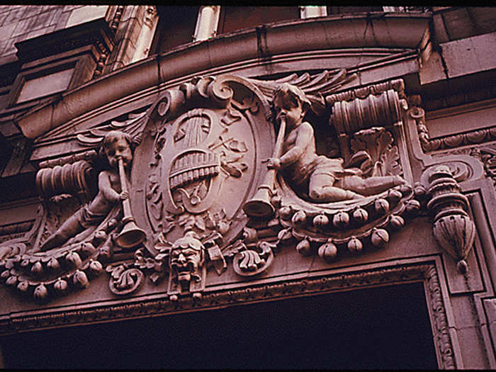 Building detail of the RKO Bushwick Theater in Brooklyn.