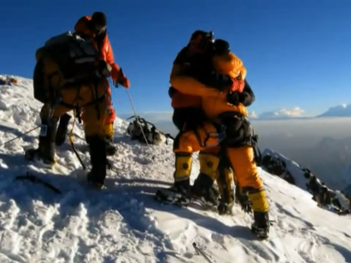 Two members of the Norwegian team, Cecile Skog and Lars Nessa, reached the top around 5 p.m. (Skog