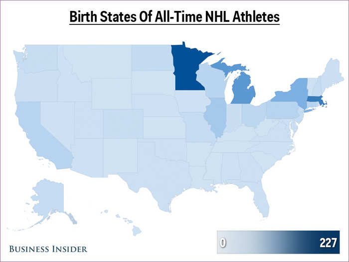 Minnesota dominates all-time, but Massachusetts is a close second. Thirteen states have never produced an NHL player.