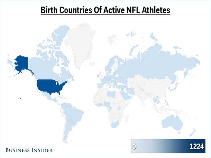 No sport is more American than American football and yet, we can clearly see a world-wide influence among active players. However, no other country currently has more than five players in the NFL, led by Canada, Germany (possibly U.S. military children), and American Samoa.