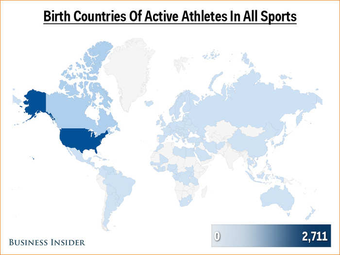 The map of active players in the four major sports leagues combined shows us just how global North American sports have become. Among active players, 72% were born in the US, 11% in Canada, followed by the Dominican Republic (4%), Venezuela (3%), Sweden (1%), and the Czech Republic or Slovakia (or the former Czechoslovakia; 1%).