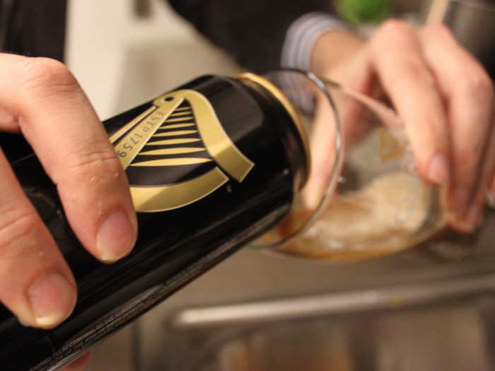 There are 6 steps to pouring a Guinness. Start with a dry, clean, cold glass, and hold it at a 45-degree angle to the tap.