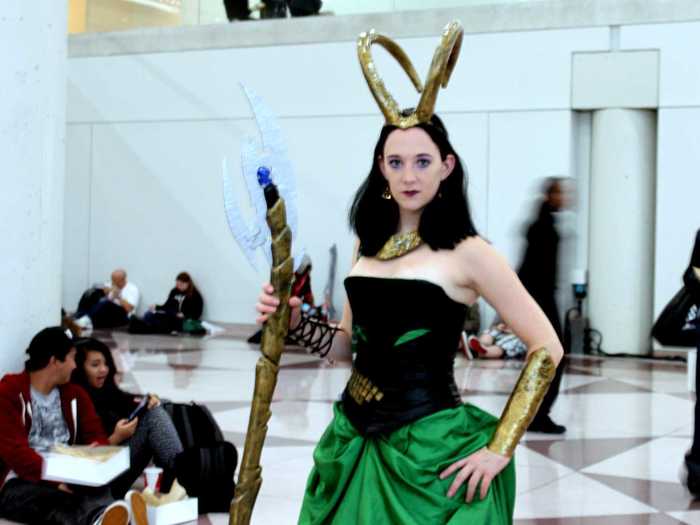 This is one of the best Lady Loki costumes we came across complete with homemade sceptre and headdress.