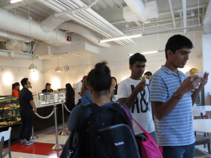 All the food on campus (even the bread) is homemade. This shop has homemade ice cream, yogurt, candy, pastries. New employees often suffer from the "Facebook 15." Free food makes them gain weight.