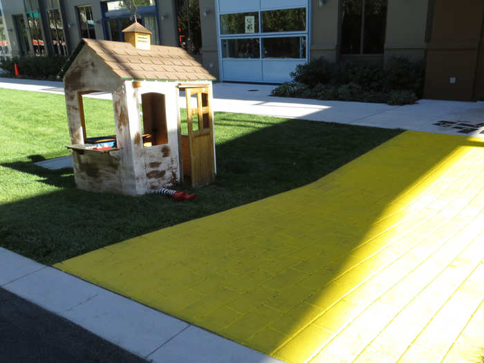 New Menlo Park Facebook legends have begun like this yellow brick road. Building maintenance saw pictures on Facebook of people cutting across the grass here so they built a brick path. Someone painted it yellow ...