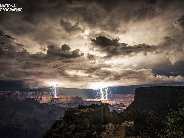 An unexpected lightening storm hit the Grand Canyon as this photographer happened to be there. He used long exposures to capture the lightening strikes.