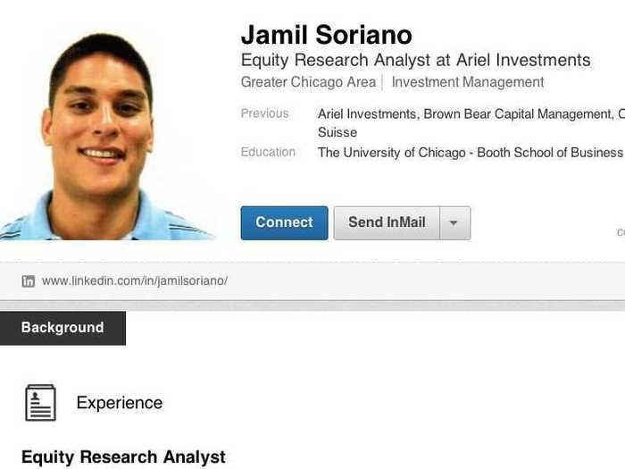 Jamil Soriano, who is an equity research analyst, has three championship rings, including a Super Bowl ring.