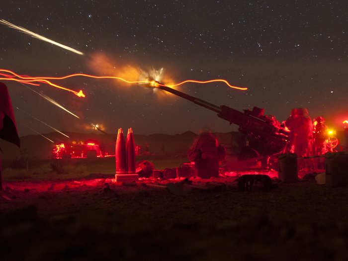 U.S. Marines with Lima Battery, 3rd Battalion, 11th Marine Regiment, fire M777A2 Lightweight Howitzers during exercise Steel Knight in California.