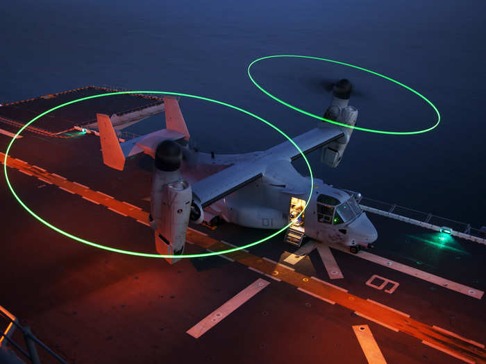 An MV-22B Osprey prepares to takeoff aboard the USS Kearsarge, while sailing off the coast of North Carolina.