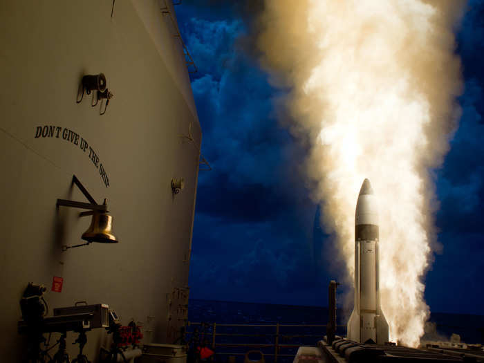 An SM-3 Block 1B interceptor is launched from the guided-missile cruiser during a Missile Defense Agency test.