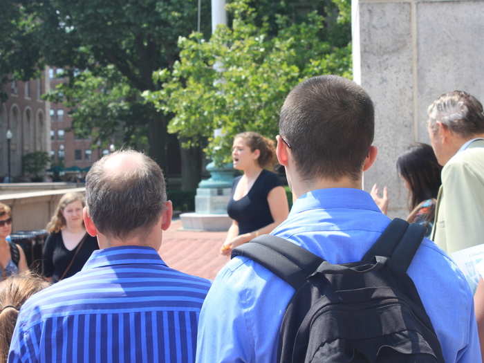 Our tour guide, a rising sophomore at Columbia, started the tour at the base of the Low Library steps. She started off with a story about why Low Library is a misnomer (there are no longer books in the building, as the weight of them caused it to sink).