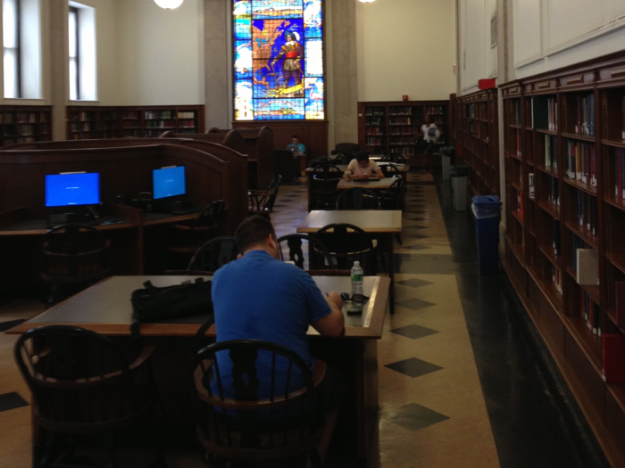 We found some unfortunate souls inside studying. However, that stained glass likely made the day inside better.