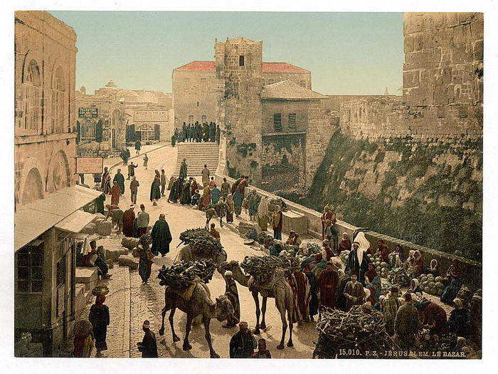 The city was filled with traders, as seen in this bustling market by the Tower of David.