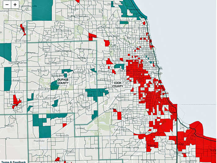 Chicago falls on the low end of economic segregation. Its relatively low population growth rate (17 percent in 30 years) might have something to do with it. [Red is low income. Blue is high income.]