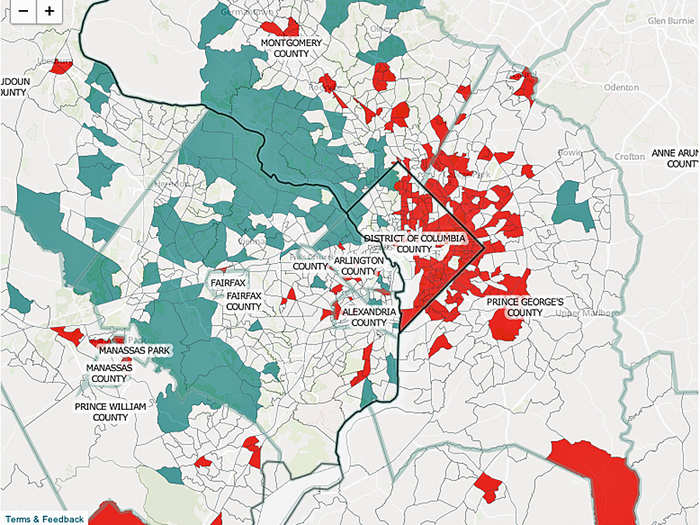 With four-point growth since 1980, D.C. actually falls slightly under the average segregation score for the Northeast (48). [Red is low income. Blue is high income.]