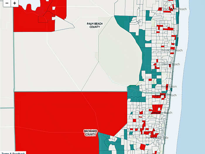 Thanks in part to immigration and population growth, Miami has seen 20-point growth in its economic segregation. [Red is low income. Blue is high income.]