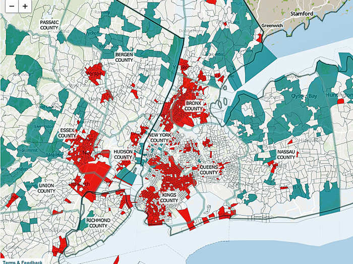 New York is far more economically segregated than the average Northeast metro area. Its overall segregation score jumped nine points since 1980. [Red is low income. Blue is high income.]