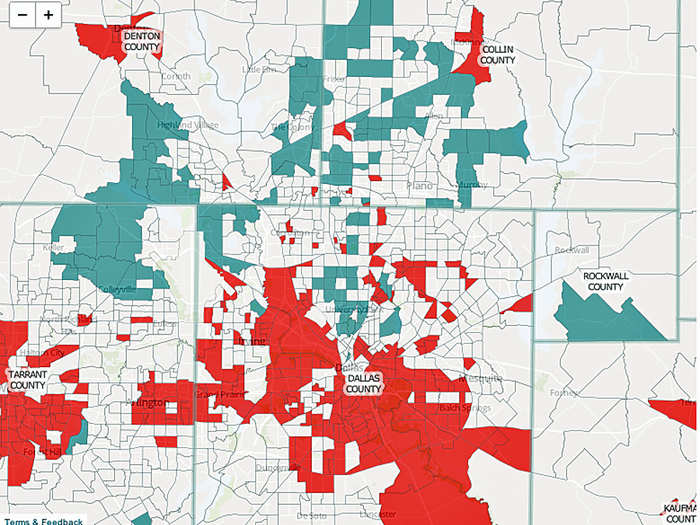 Along with Houston, Dallas has been among the nation’s fastest-growing cities. That includes many low-income, low-skill immigrants as well as well-to-do retires, which is a contributing factor to its income segregation. [Red is low income. Blue is high income.]