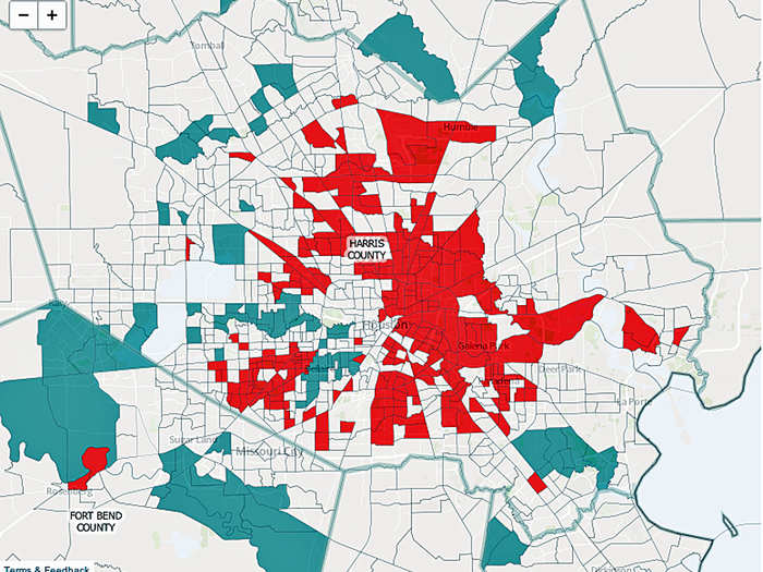 Houston is the most economically segregated city in America. Income segregation here has gotten twice as bad since 1980. [Red is low income. Blue is high income.]