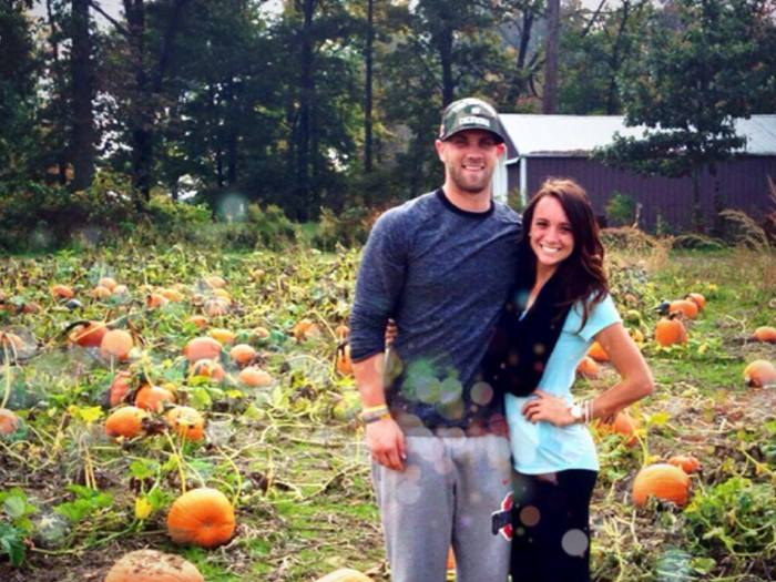 Bryce Harper (#42) is dating high-school sweetheart Kayla Varner.