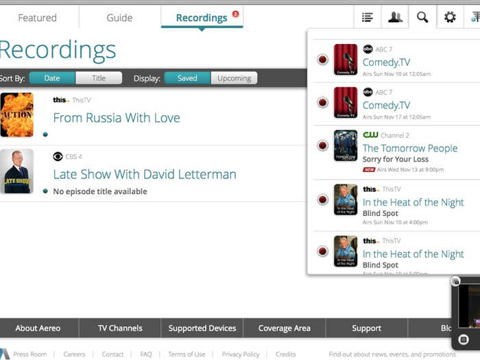 ... and it shows you all the comedy shows tomorrow night on Aereo, and lets you record them.