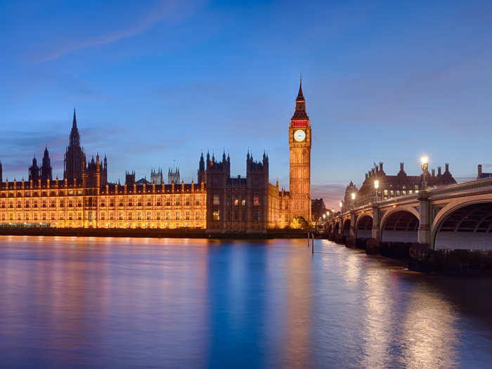 A panoramic view of The London Parliament, Big Ben, and the Westminster Bridge viewed from across the Thames river at dusk.