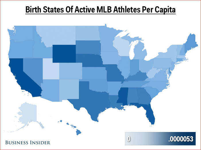 If we consider population size, California and Florida still do very well, but so do Wyoming and Mississippi. Utah, Alaska, and Wisconsin have the lowest per capita rates.