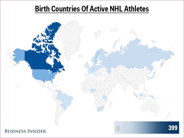 Canada and the US still produce the most NHL players, but Sweden, Russia, and players born in either the Czech Republic or Slovakia (or the former Czechoslovakia) show a strong influence from northern Europe and Asia.