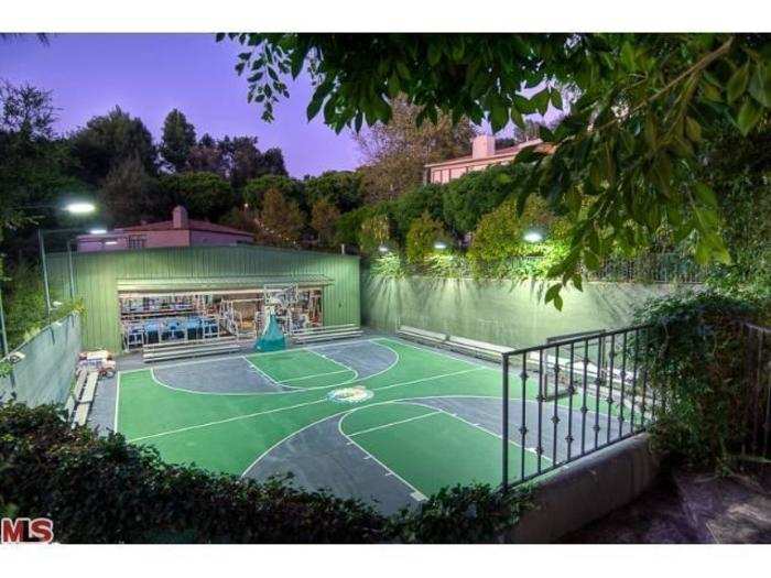 The sports court can be used for tennis, racquetball, and basketball