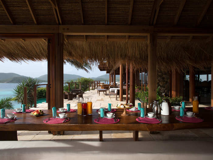 Meals are served in the open-air Great House, with panoramic views of the Caribbean.