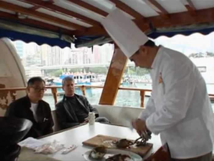 Later Bourdain took to the water, where he dined on a boat anchored in Hong Kong Island