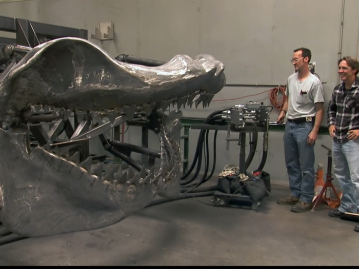 The jaws the Mythbusters team built have to be able to bite down with 20,000 pounds of pressure. A modern great white has only a couple of tons of bite force.