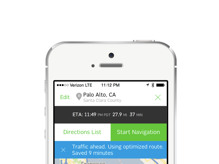 The app indicates light traffic with yellow and heavy traffic with red. Your ETA is always being adjusted and you can see where on your route you