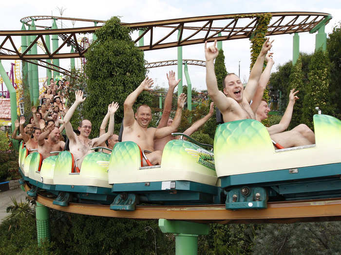 These thrill-seekers still hold the record for most naked riders on a theme park ride with 102 riders in Southeast England on August 8, 2010.