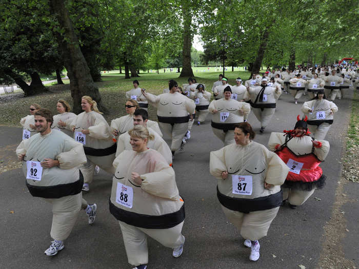 And in June 2010, runners dressed in inflatable Sumo costumes and claimed the new world record for a mass Sumo Suit gathering at a run in Battersea Park in London.